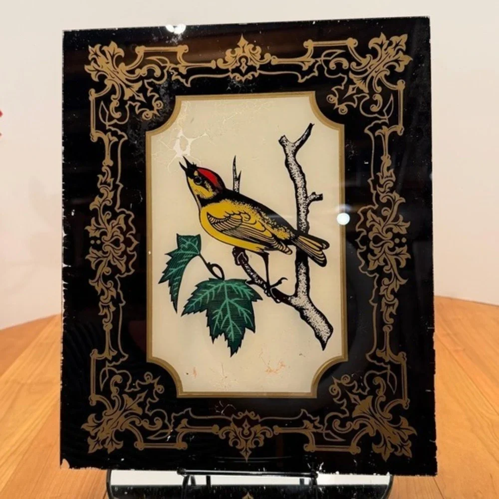Vintage Reverse Painted Clock Glass – Bird Panel w/ Ornate Gold Border Vertical